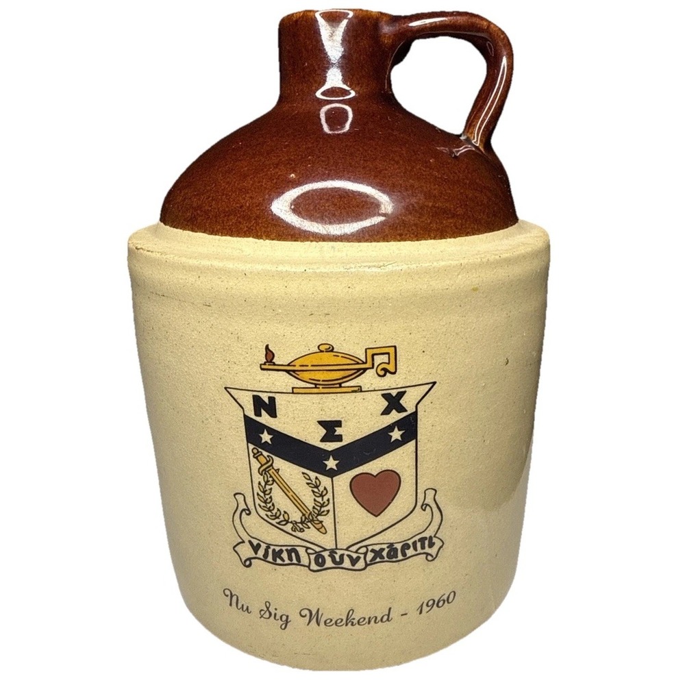 Vintage Nu Sig Weekend Stoneware Whiskey Jug 1960 Fraternity Victory Than Grace